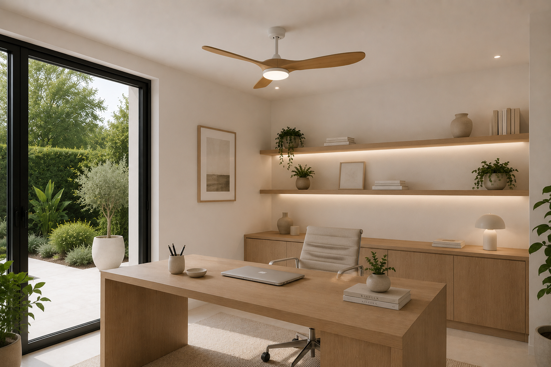 Aria | Ventilateur vintage blanc et bois naturel, LED