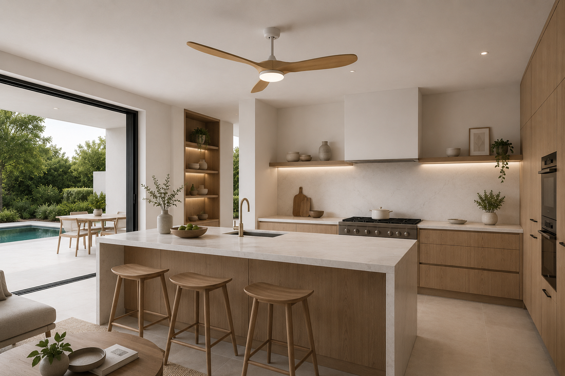 Aria | Ventilateur vintage blanc et bois naturel, LED