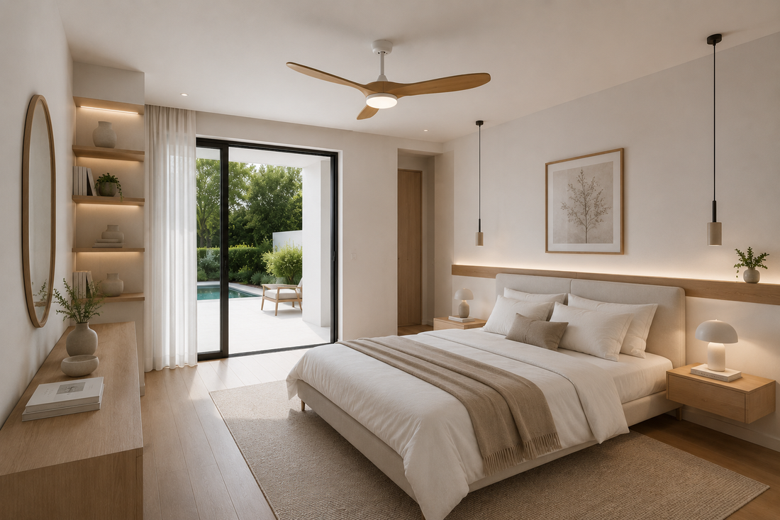 Aria | Ventilateur vintage blanc et bois naturel, LED