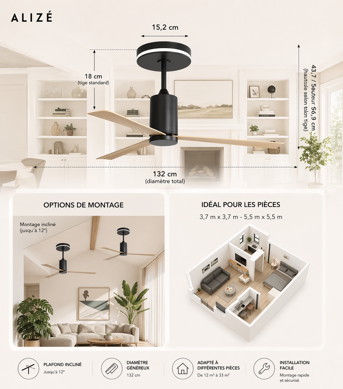 Nexus | Ventilateur moderne LED télécommande 132 cm