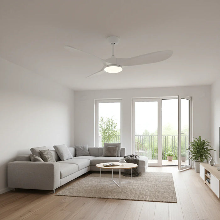 Brise — Ventilateur vintage blanc et bois blanc, LED