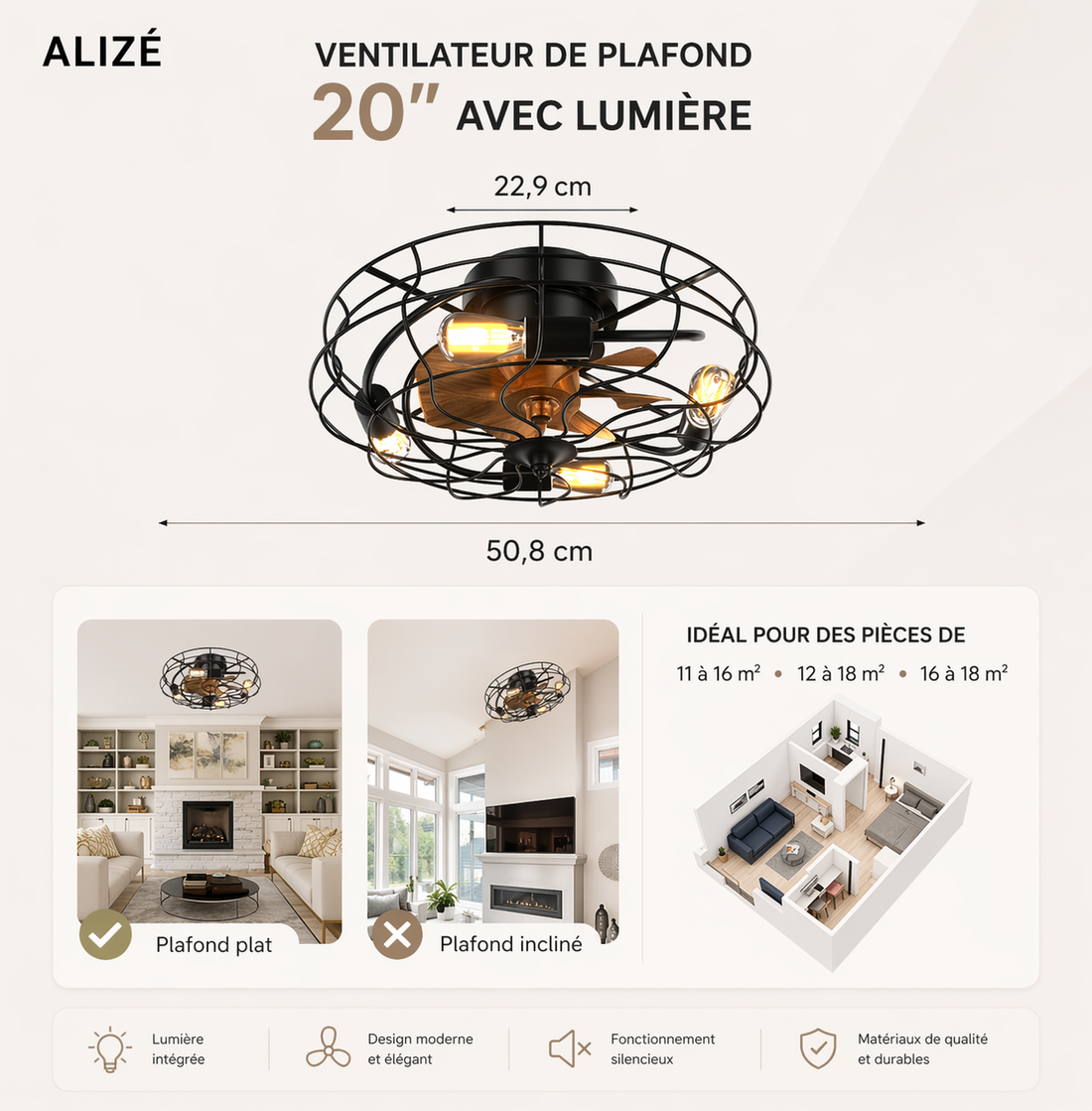 Oslo | Ventilateur cage éclairage télécommande 51 cm