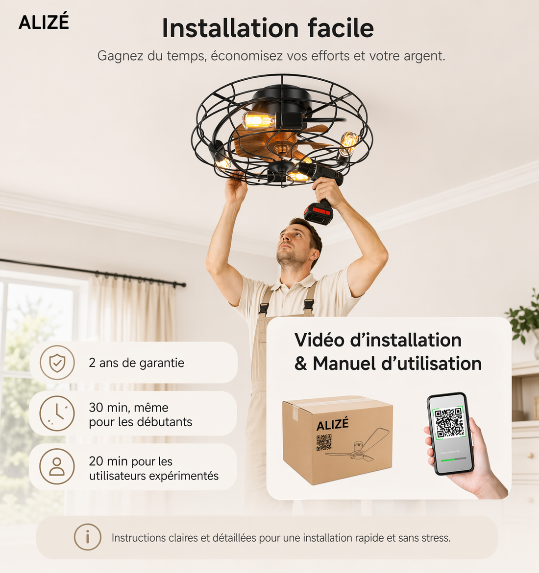Oslo | Ventilateur cage éclairage télécommande 51 cm