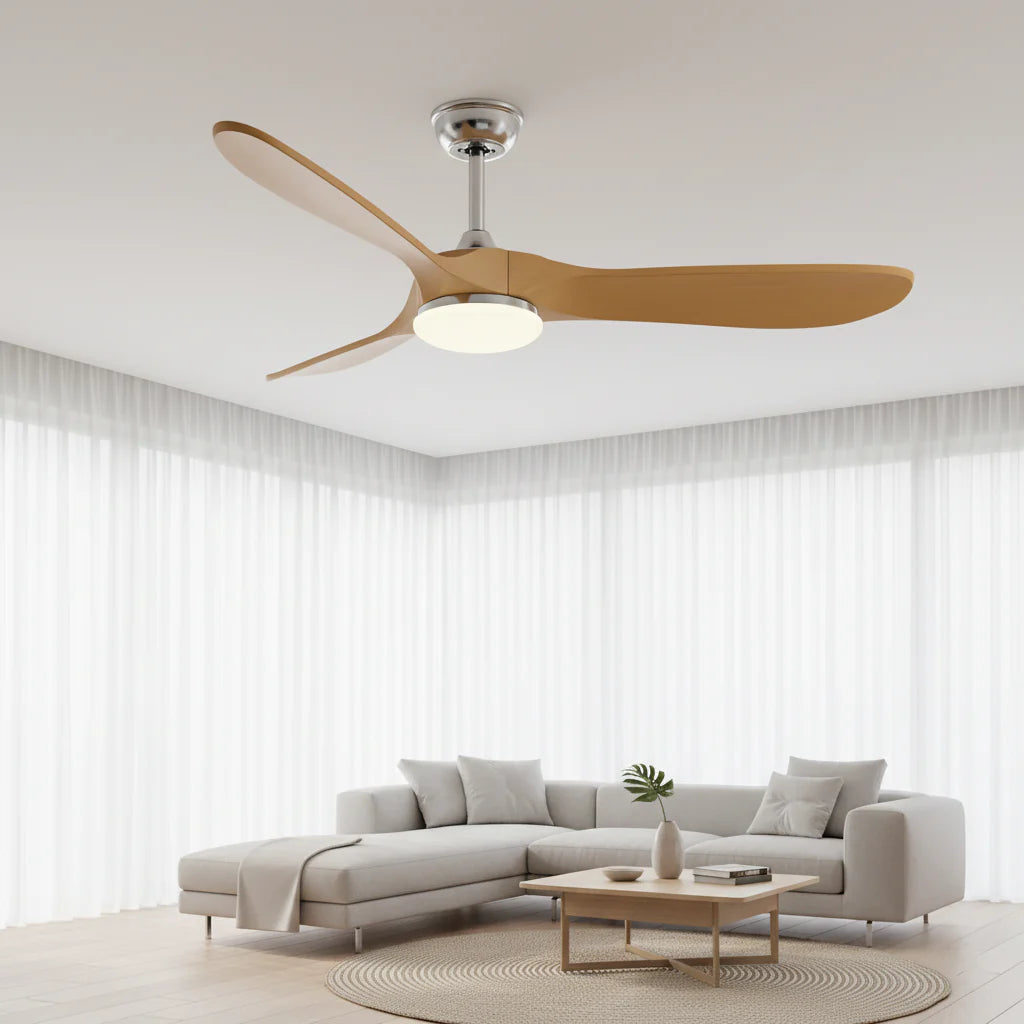 Zéphyr — Ventilateur vintage argent et bois naturel, LED