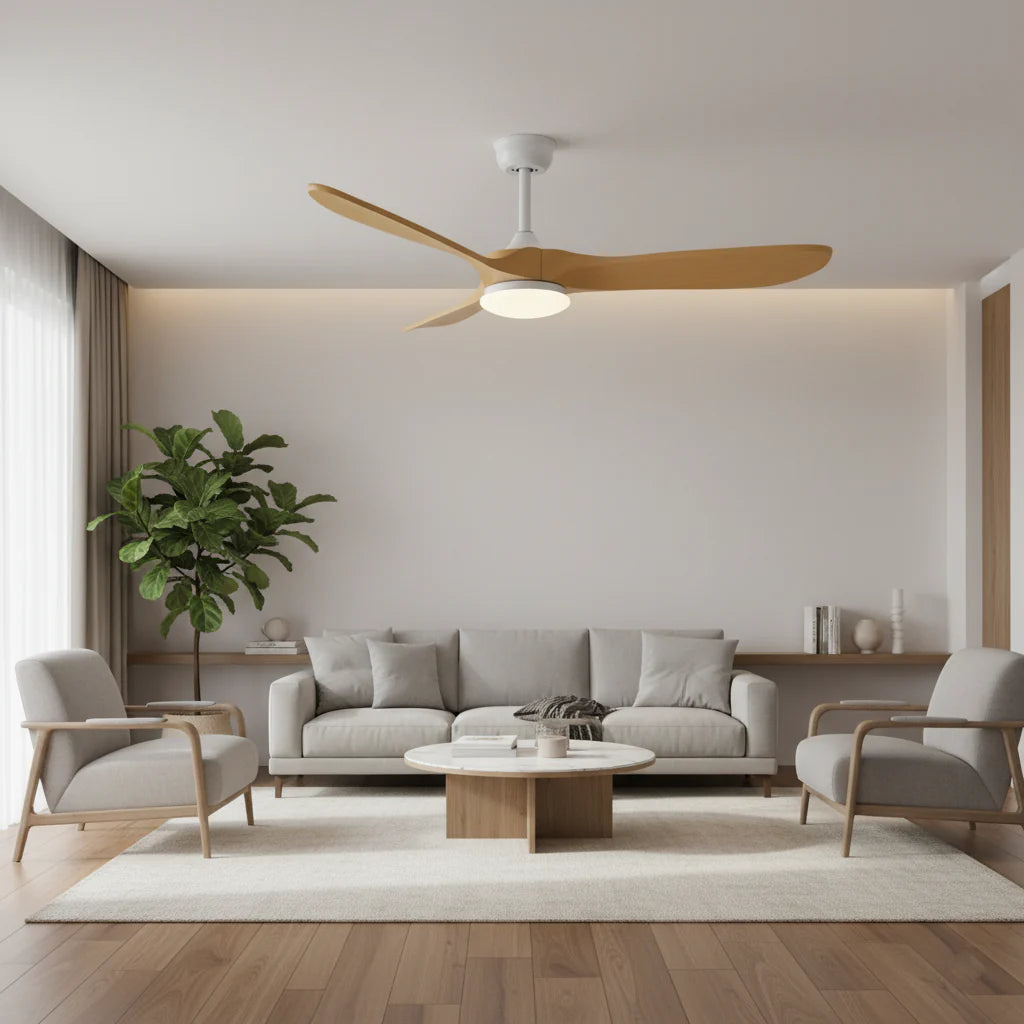Aria — Ventilateur vintage blanc et bois naturel, LED