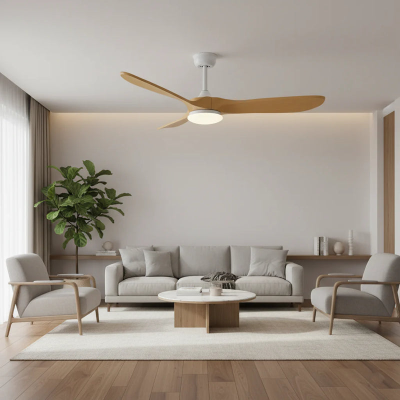 Aria — Ventilateur vintage blanc et bois naturel, LED