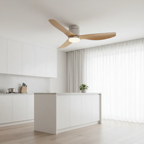 Arcturus — Ventilateur LED intégrée argent et bois clair