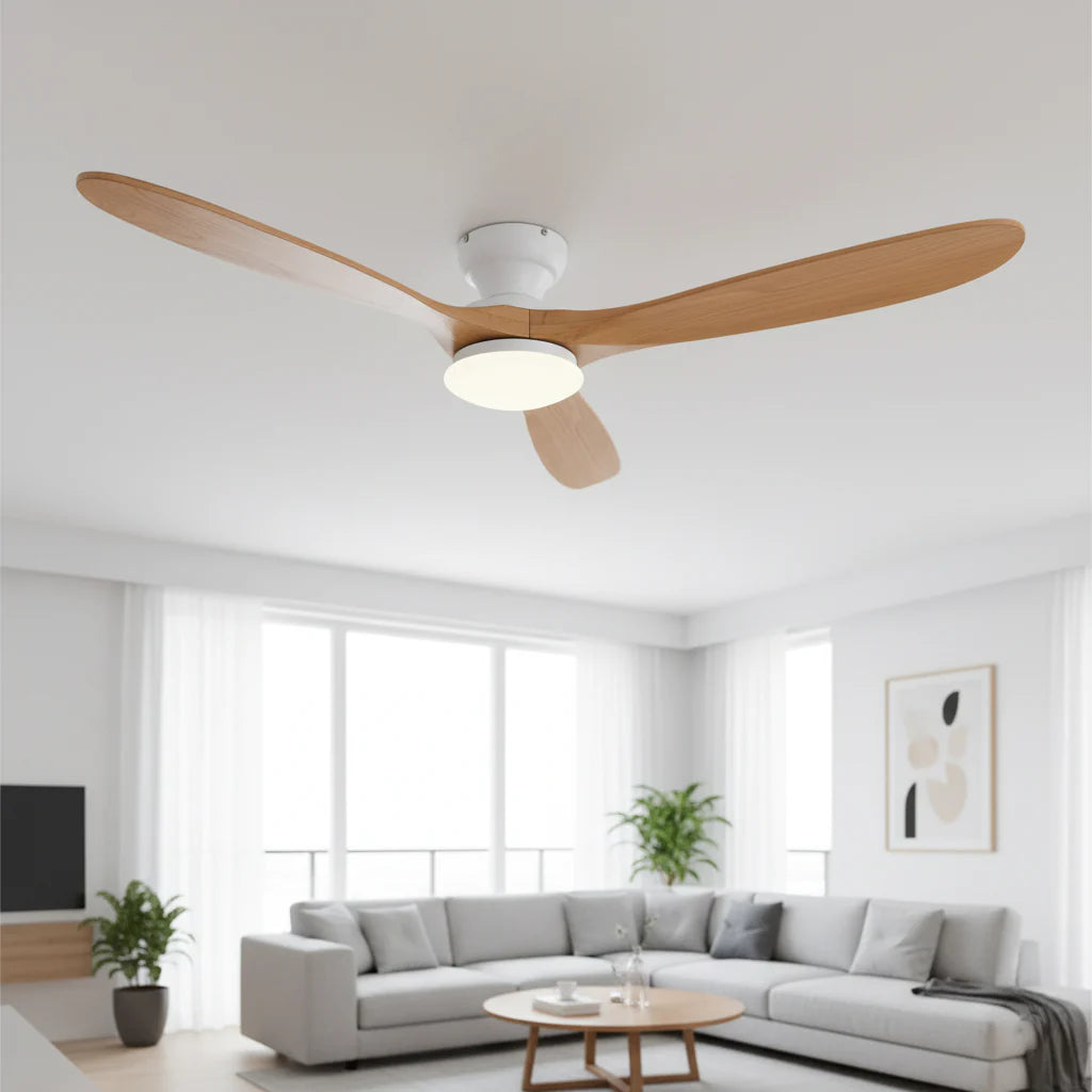 Lumi — Ventilateur éclairage LED bois naturel et blanc