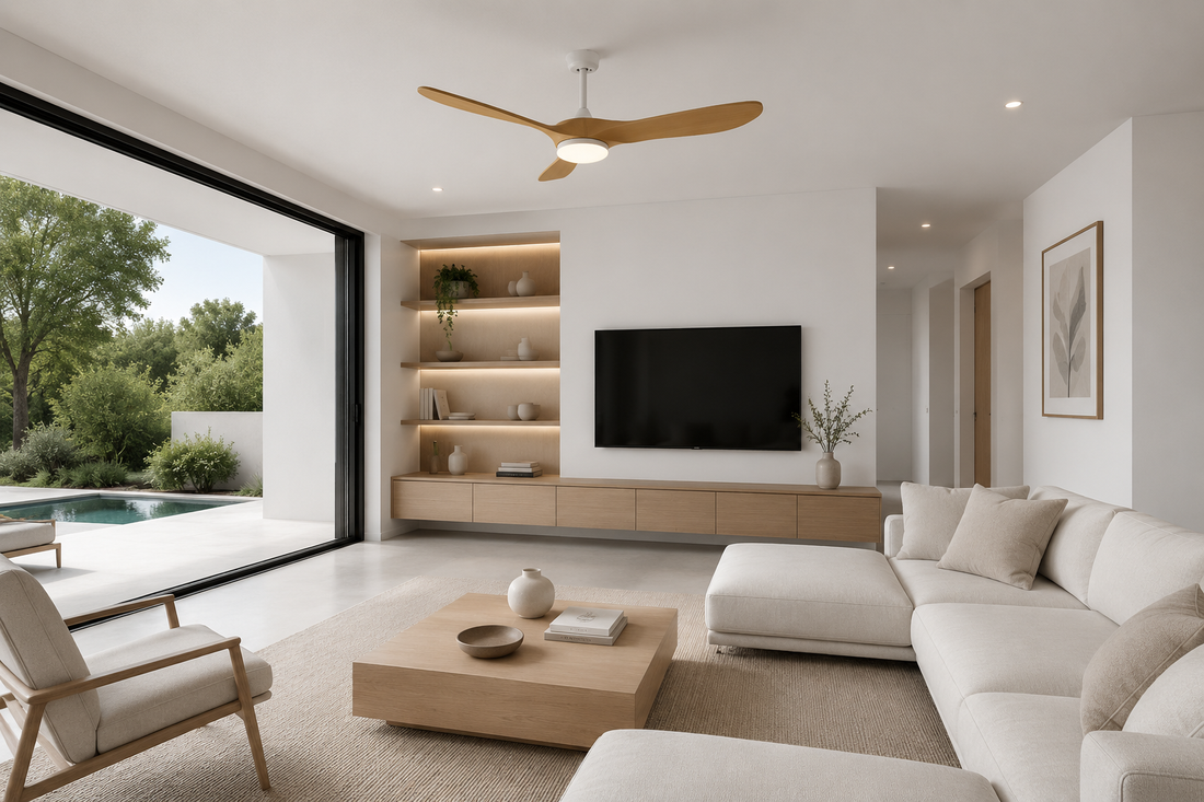 Aria | Ventilateur vintage blanc et bois naturel, LED