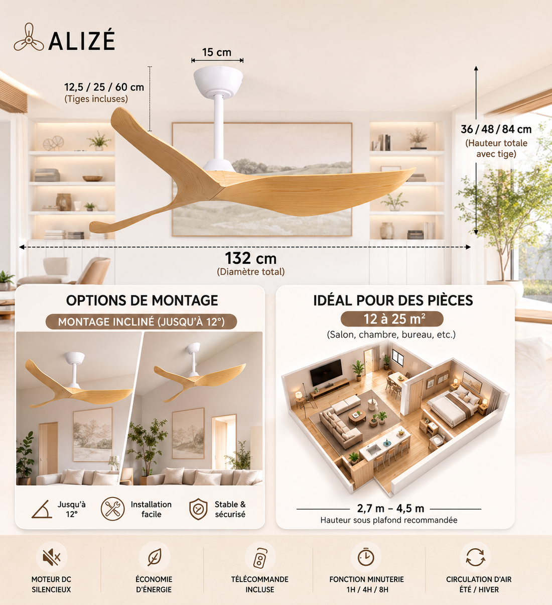 California |132 cm avec Pales Finition Bois Moteur DC Basse Consommation