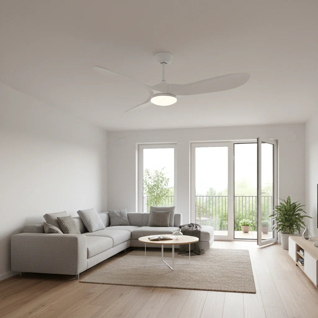Brise — Ventilateur vintage blanc et bois blanc, LED