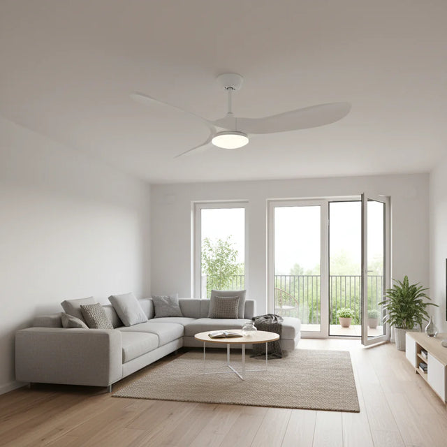 Brise | Ventilateur vintage blanc et bois blanc, LED