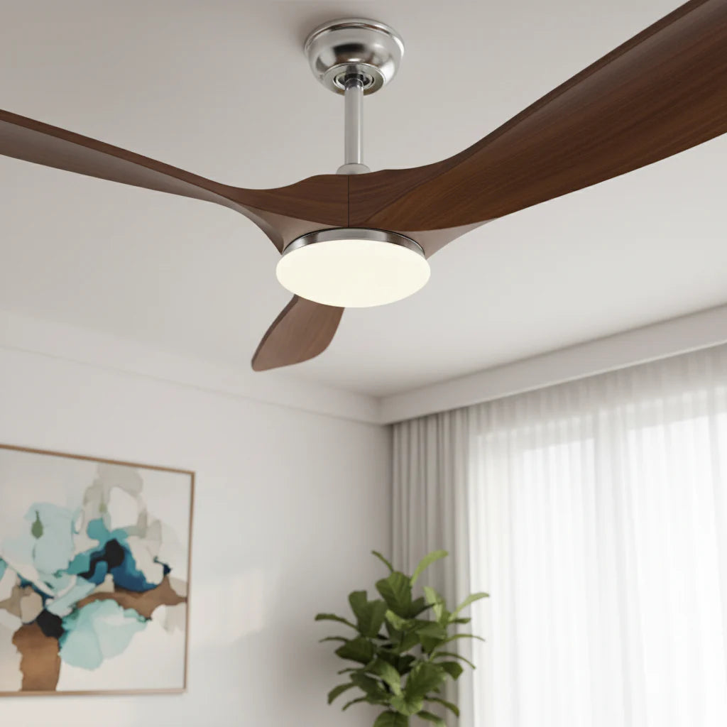 Khamsin | Ventilateur vintage argent et bois foncé, LED