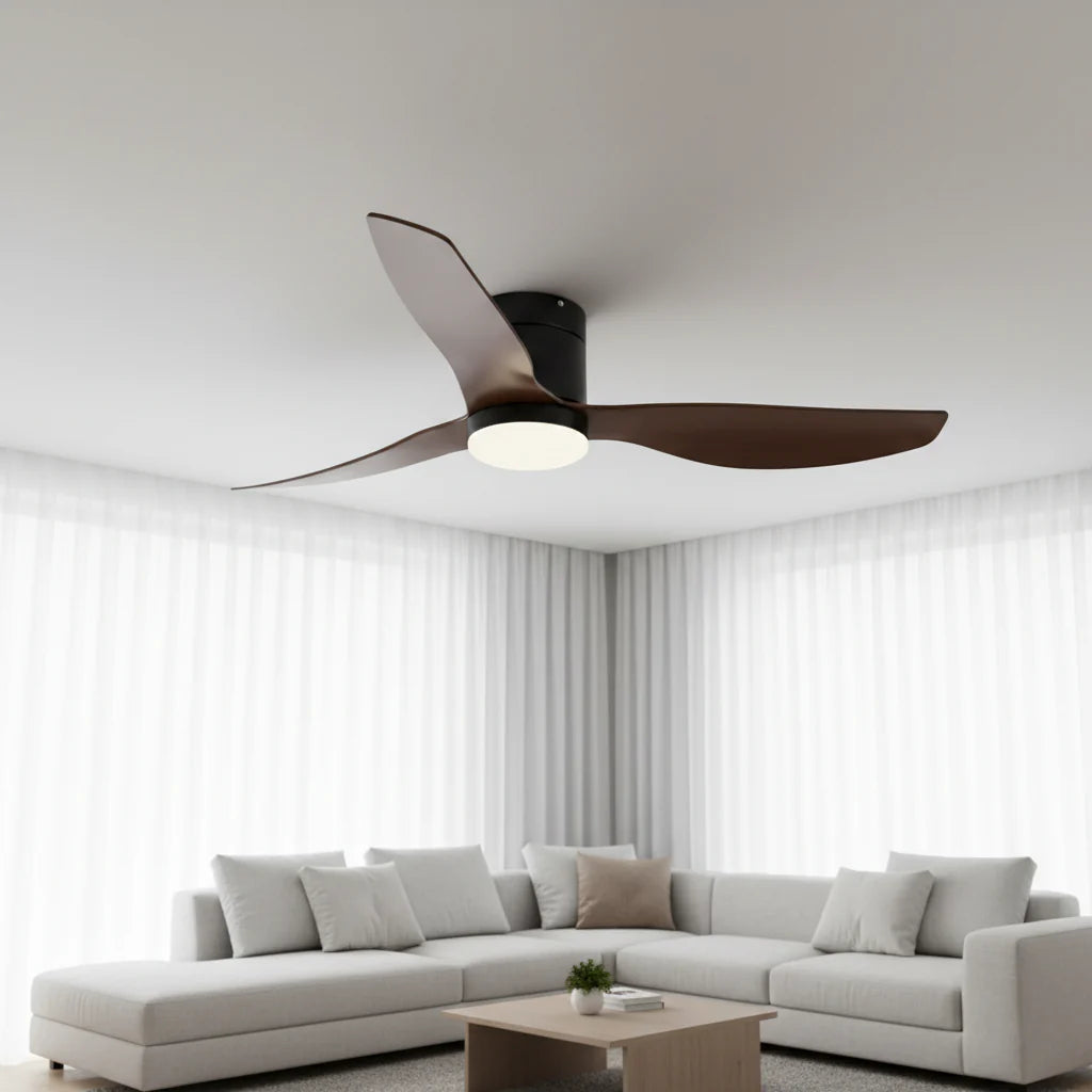Selene | Ventilateur LED intégrée noir et bois foncé